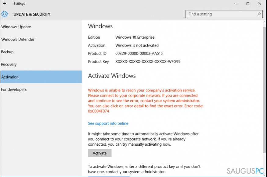 Klaidos žinutė Error Code 0xC004F074 on Windows 10