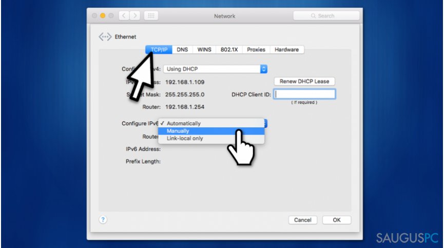 Išjunkite Internet Protocol 6 versija savo Mac prietaise, norėdami sutaisyti Safari can't establish a secure connection klaidą