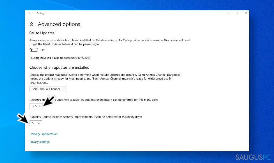 Atidėkite „Windows 10“ naujinimus
