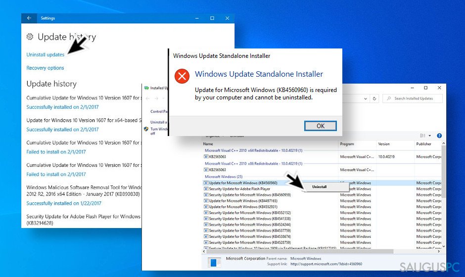 „Windows 10“ naujinimų atšaukimo klaida