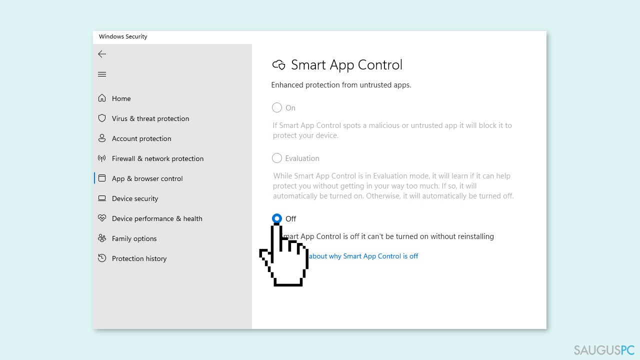 Išjunkite „Smart App Control“