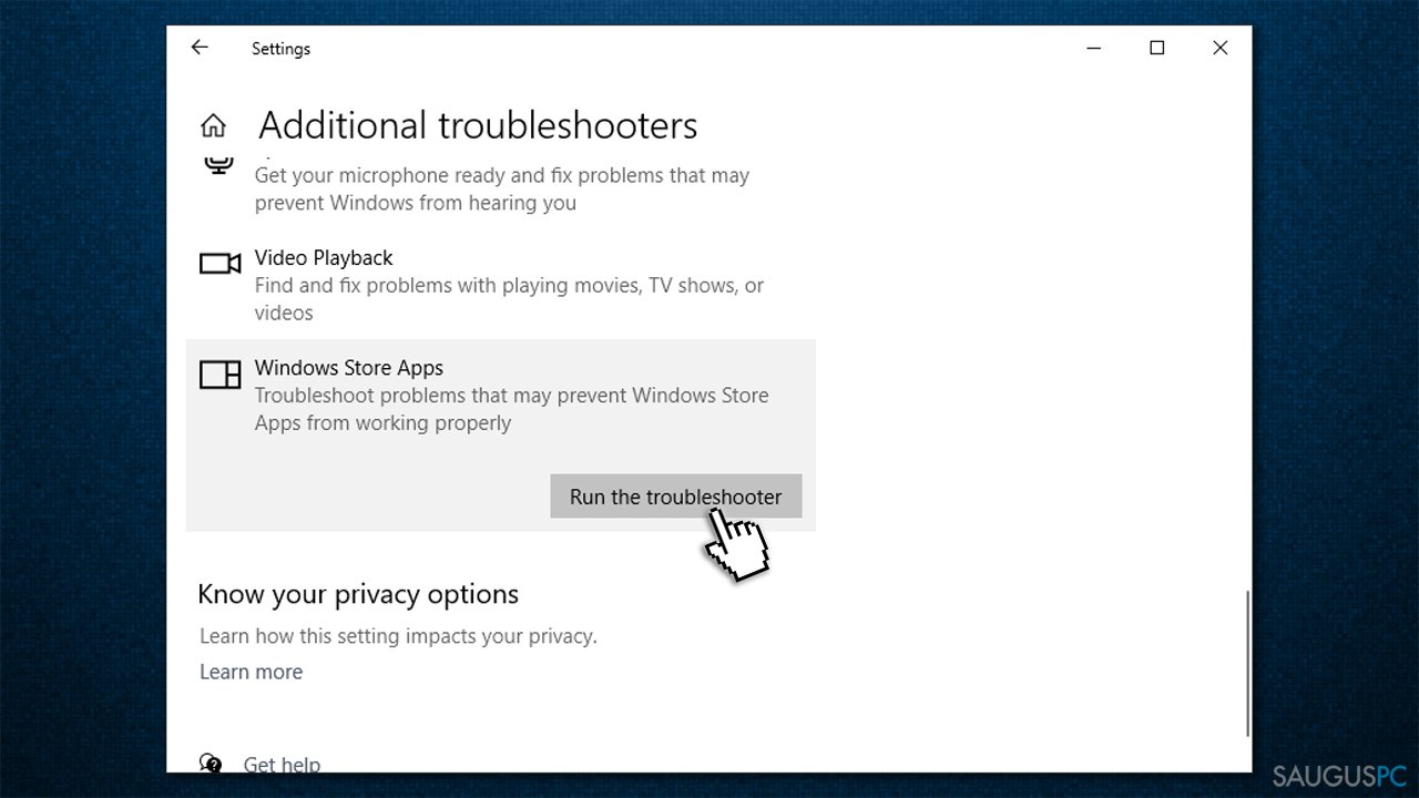 Paleiskite „Windows Store“ programų trikčių šalinimo įrankį
